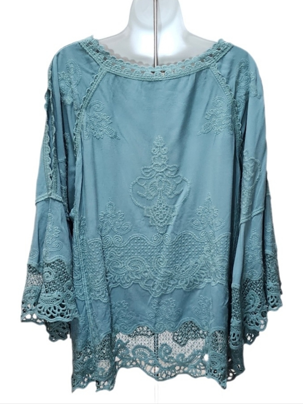 Democracy Embroidered Crochet Lace Boho Blouse Top 3/4 Bell Split Sleeve Size 2X - Picture 2 of 8